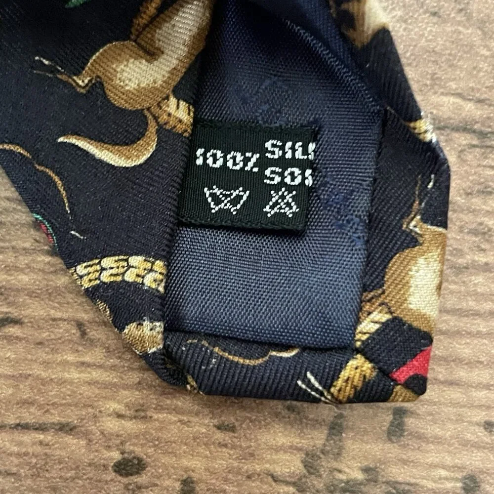 Vintage Salvatore Ferragamo Silk Tie Navy Blue Tan Red Heraldic Hunt Equestrian